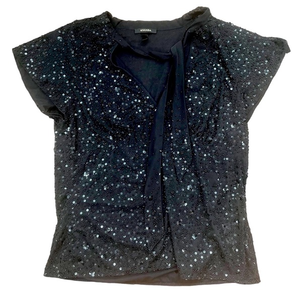 ESCADA Sequin Beaded embellished Short Sleeve Tie front Top Women’s size small - Picture 3 of 10